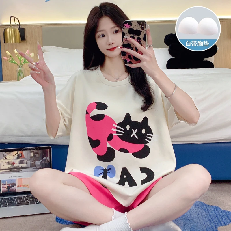 带胸垫睡衣女夏季卡通撞色小猫甜美少女短袖短裤宽松可外穿家居服