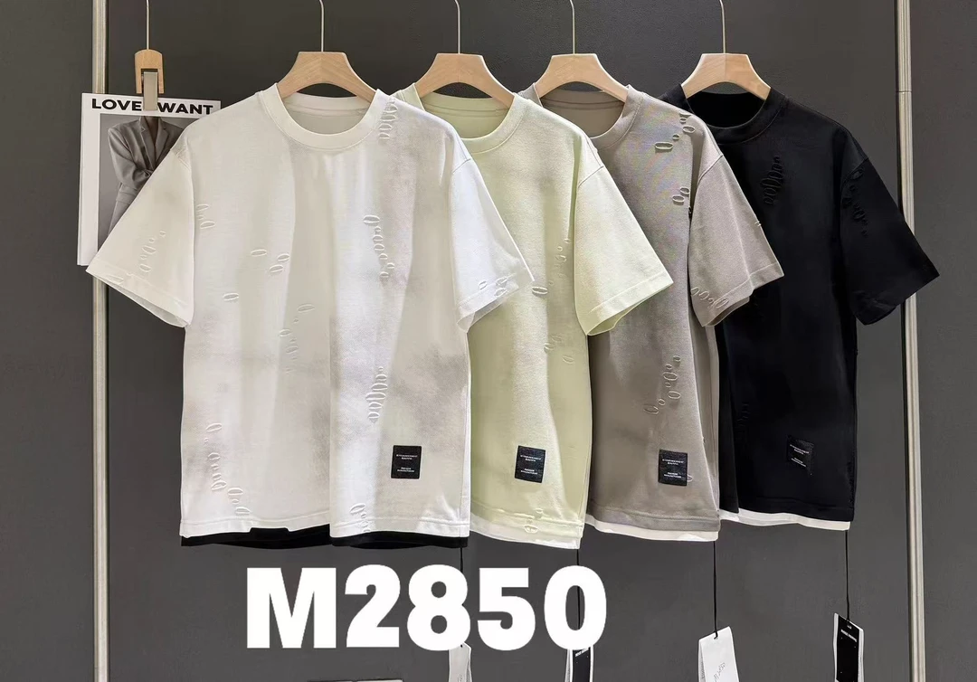 M2850圆领时尚破碎感拼接短袖夏季潮流T恤