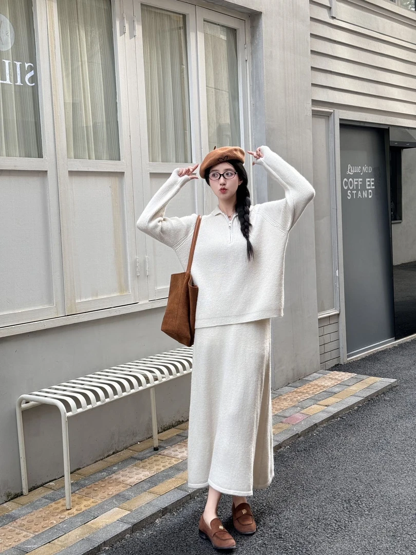 秋冬新款休闲韩版慵懒风毛衣时尚女装上衣半身裙针织套装