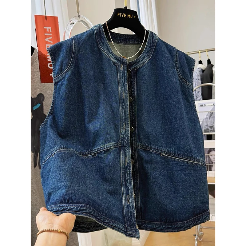 时尚牛仔马甲女春季时髦洋气圆领无袖叠穿外穿坎肩背心外套上衣