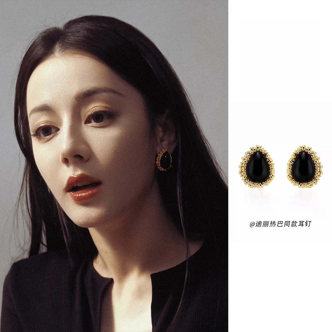 铜合金耳饰 枭起青壤聂九罗迪丽热巴同款黑色水滴耳钉复古高级感