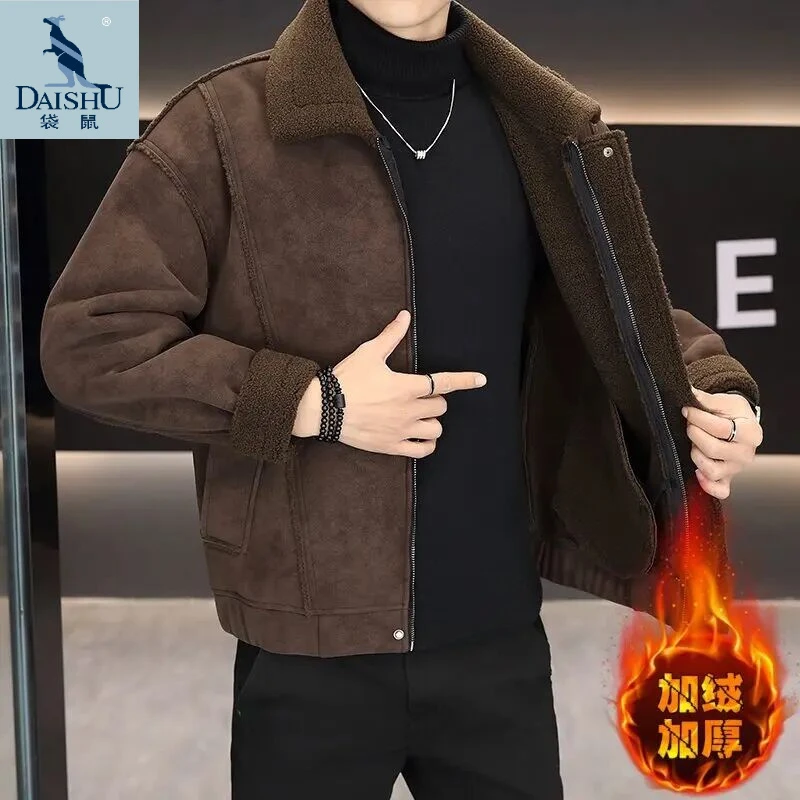 袋鼠男夹克冬季外套休闲夹克上衣潮流加厚皮夹克保暖韩版皮毛一翻