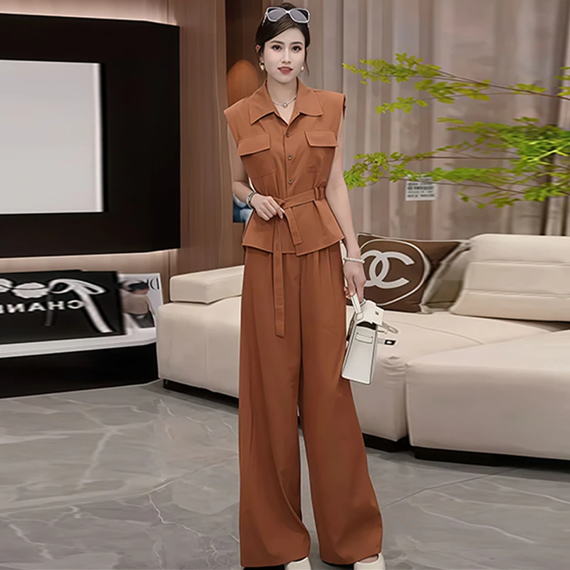 时尚简约套装女2025年夏季新款设计感无袖衬衫高腰阔腿裤两件套潮