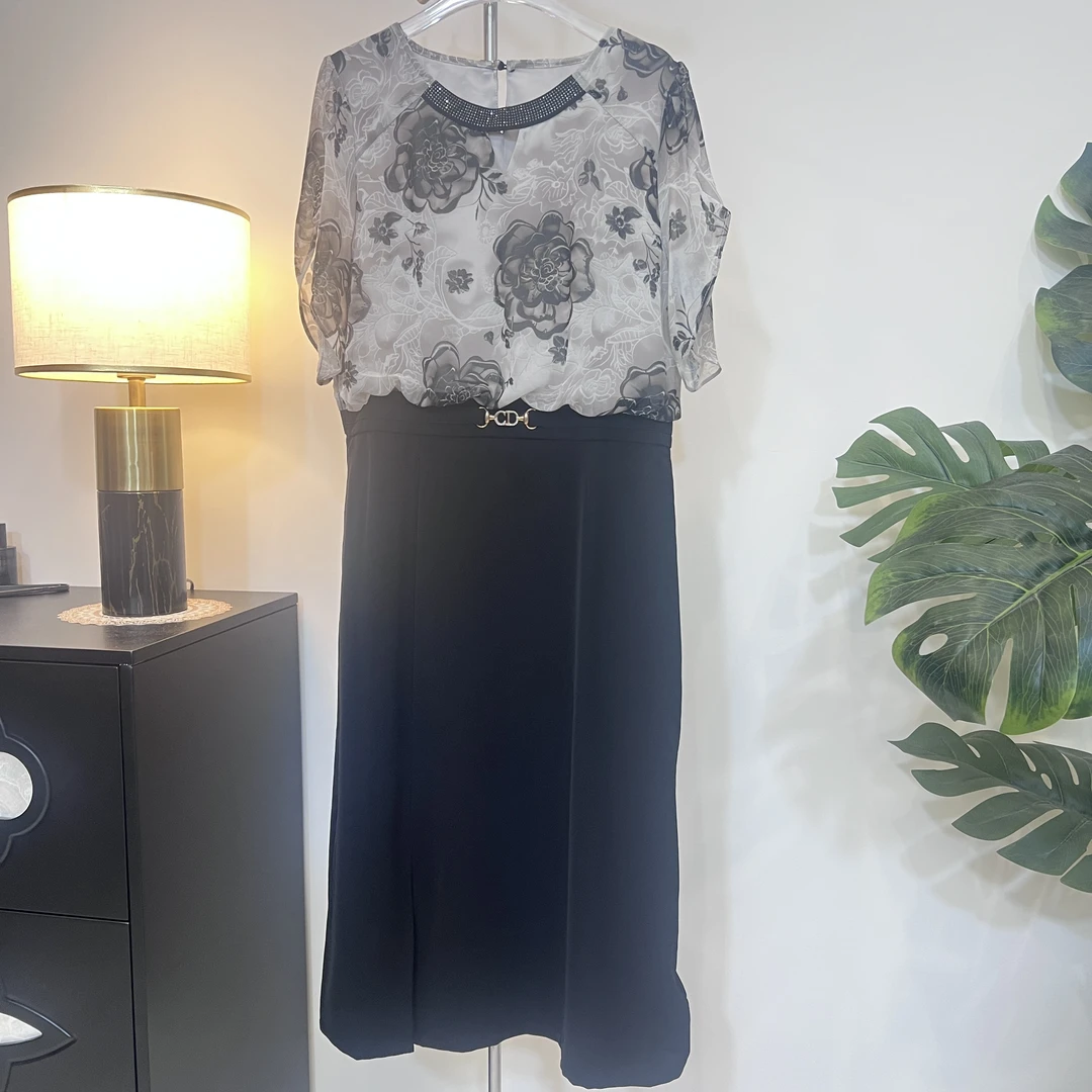 彬彬家时尚精致花色假俩件中长侧开叉A字夏季连衣裙