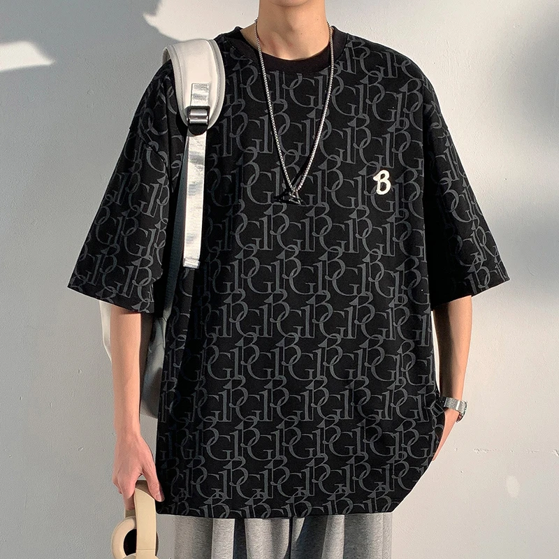 短袖男款T恤短袖男夏季新款220g休闲运动百搭半袖上衣宽松款落肩