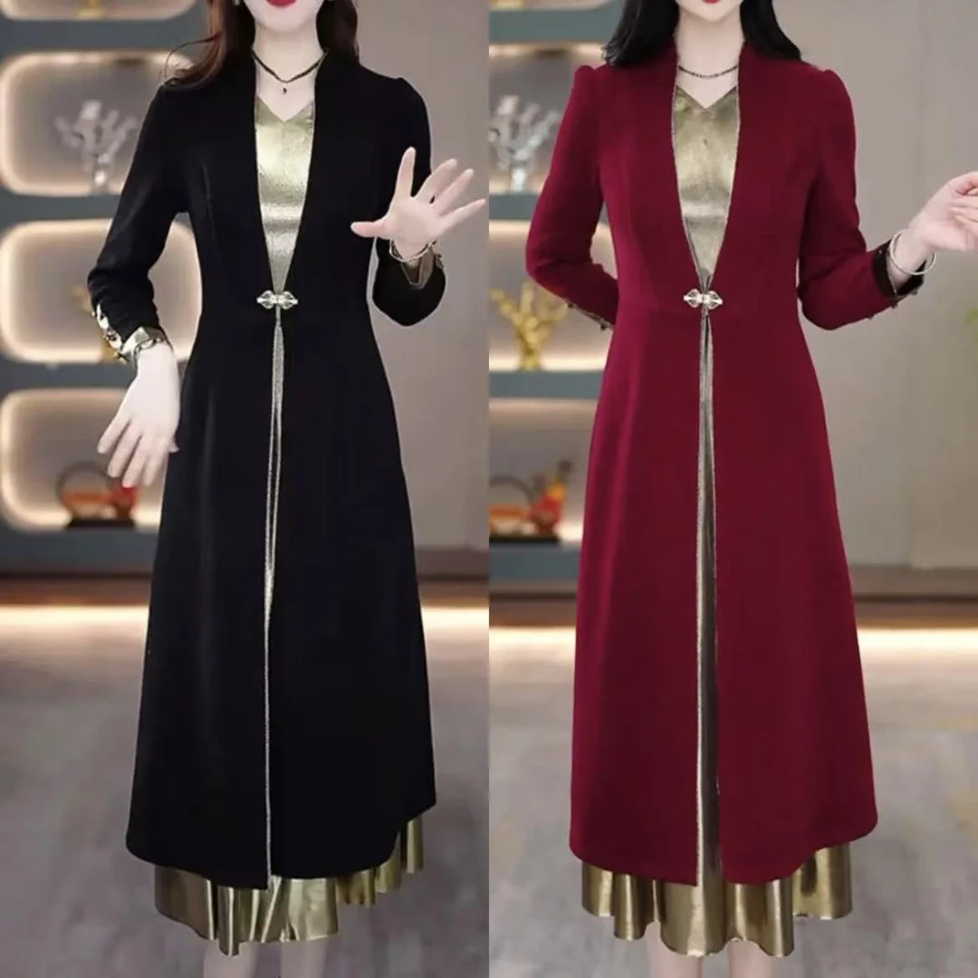 8188-369#新品气质锦棉罗马拼接丝光缎假两件连衣裙