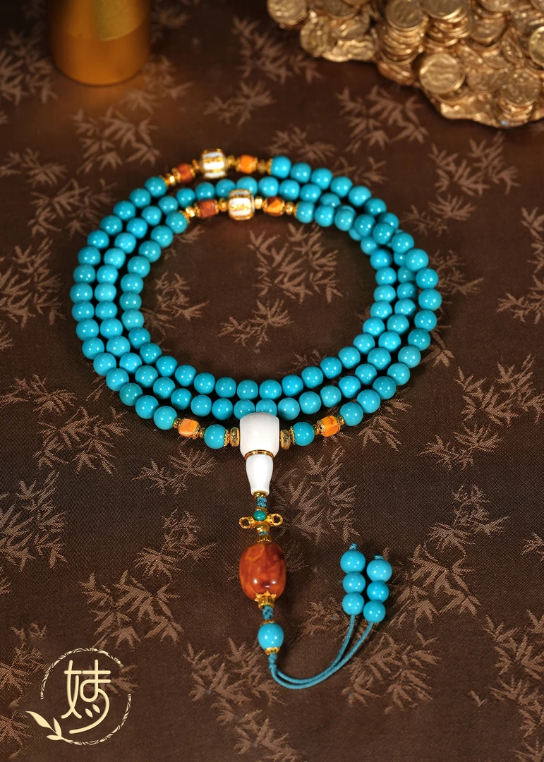 【婧婧精选】藏品 · 18K丫角顶瓷圆珠DIY猛犸三通108项链  高定全品