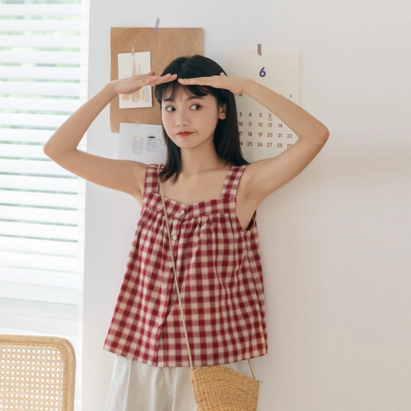 皇峥日系甜美棉麻格子吊带背心女2025夏季新款宽松单排扣小衫上衣