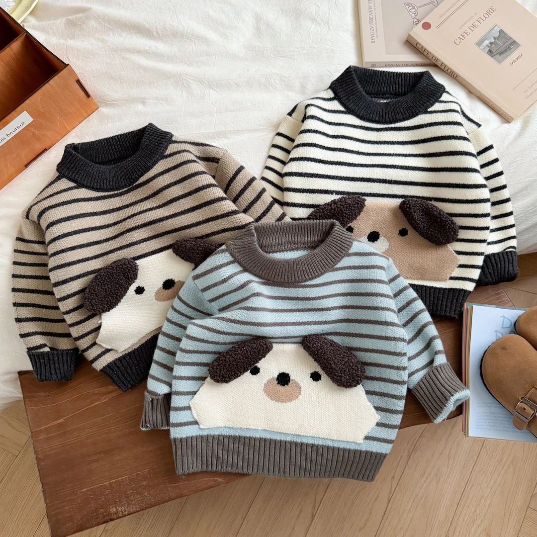 宝宝毛衣2025秋冬男女童卡通条纹小熊加厚圆领针织衫小童洋气上衣