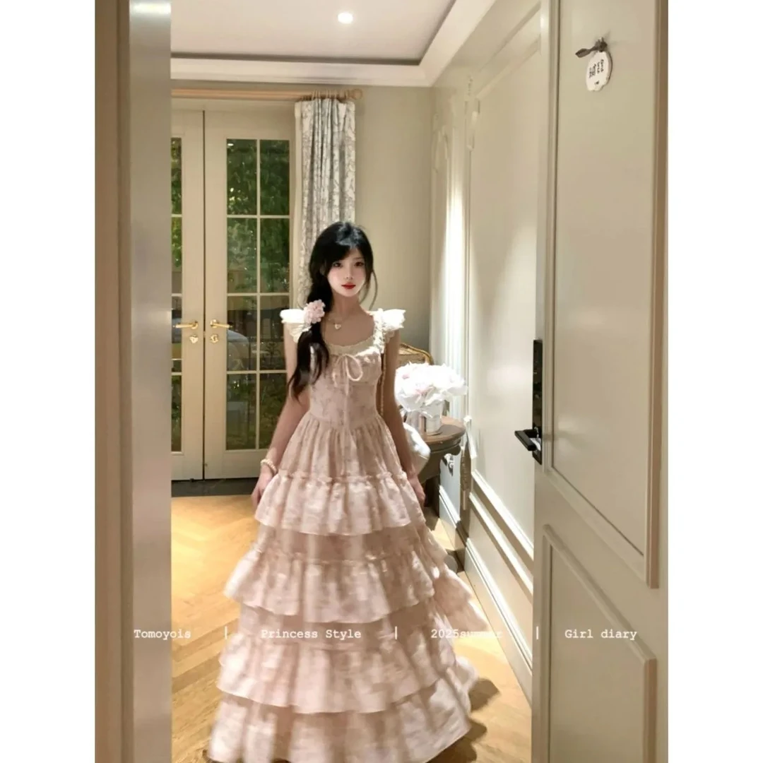 温柔甜美小飞袖碎花收腰连衣裙女夏在逃公主粉色樱花蓬蓬蛋糕长裙
