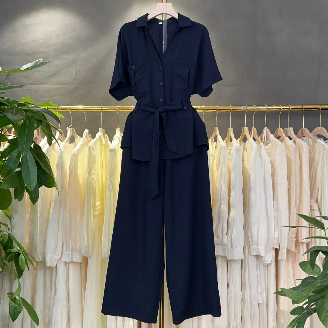 A375 绑带收腰衬衫上衣阔腿裤子女大码时尚气质百搭显瘦两件套装