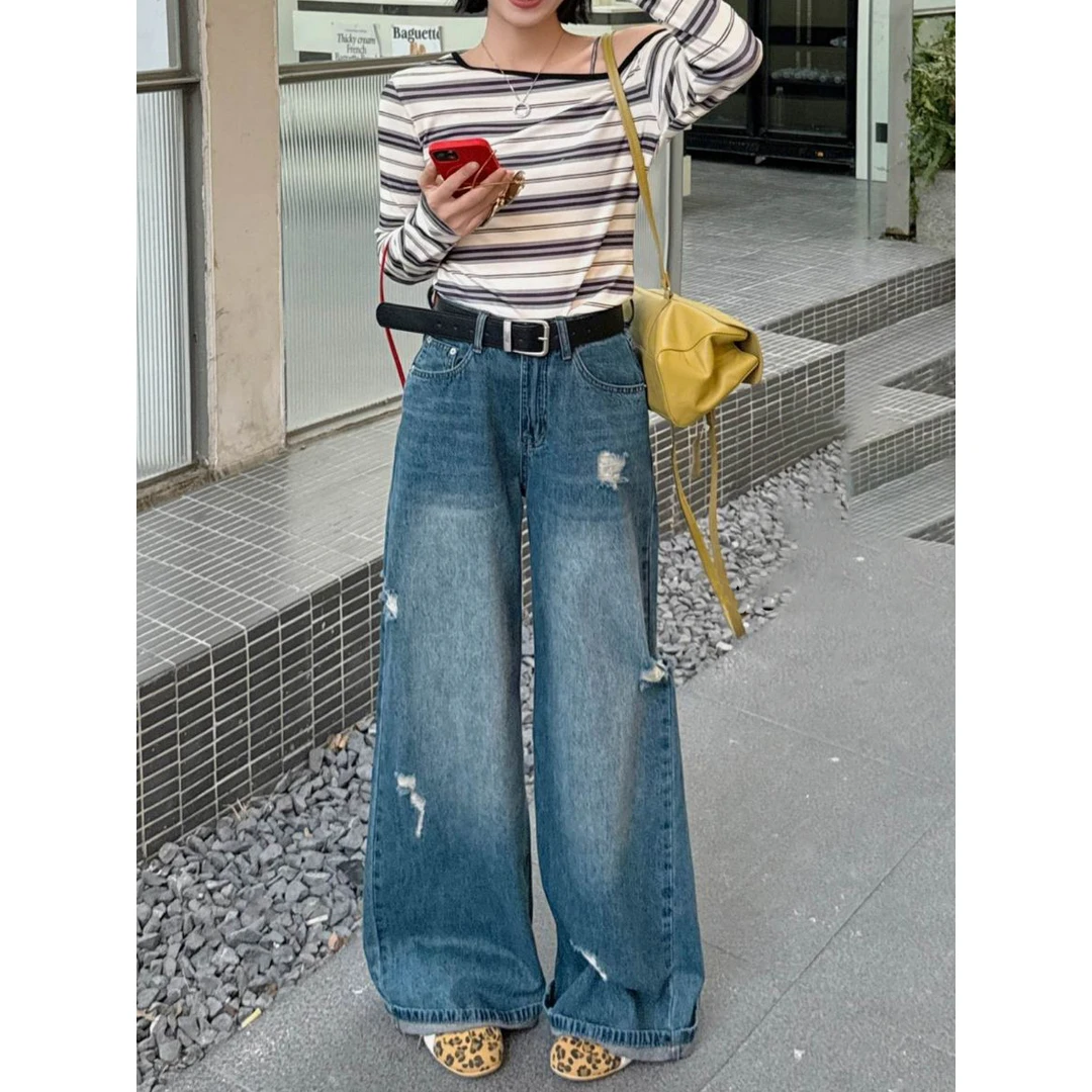 复古水洗高腰破洞牛仔裤女夏季新款宽松显瘦设计休闲垂感拖地长裤