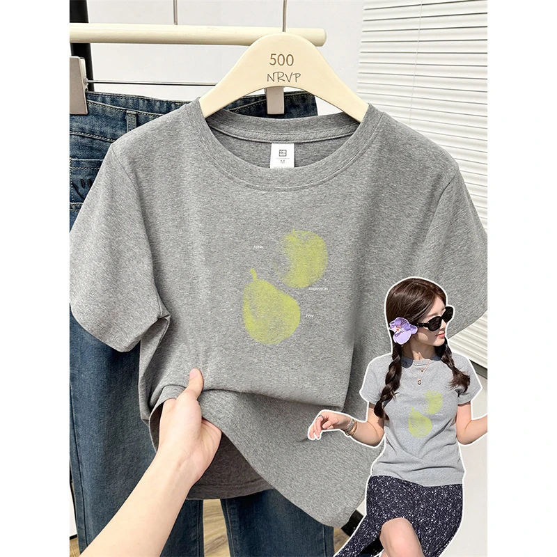 运补慵懒女装正肩大码短袖t恤女高弹力修身弹力水果印花棉上衣ins
