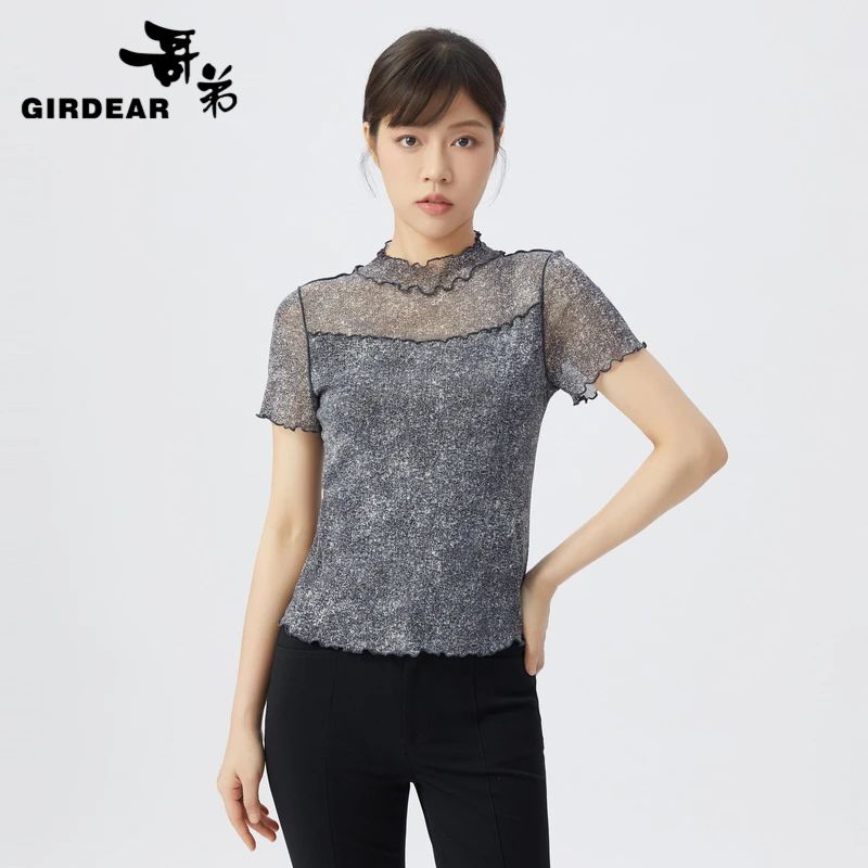 GIRDEAR/哥弟夏季新款气质弹力网纱格纹拼接修身短袖T恤女1300643