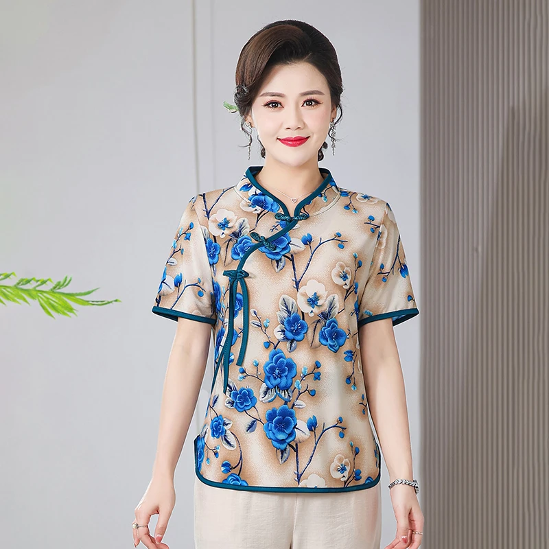 新中式国风女装上衣夏季2025新款民族风旗袍领小衫古风短袖t恤衫