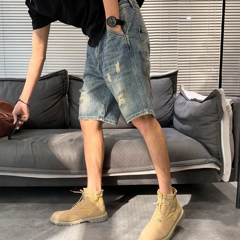 牛仔短裤男夏季破洞高街潮牌2025新款薄款宽松五分裤美式复古中裤