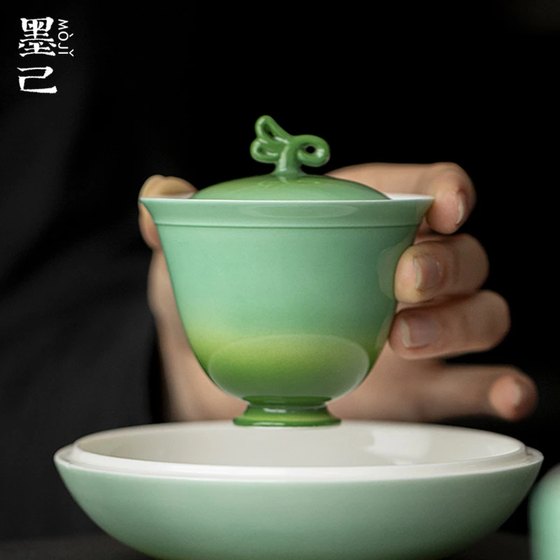 墨己醒春集蝴蝶结造型盖扭陶瓷盖碗功夫茶具家用翠绿泡茶盖碗