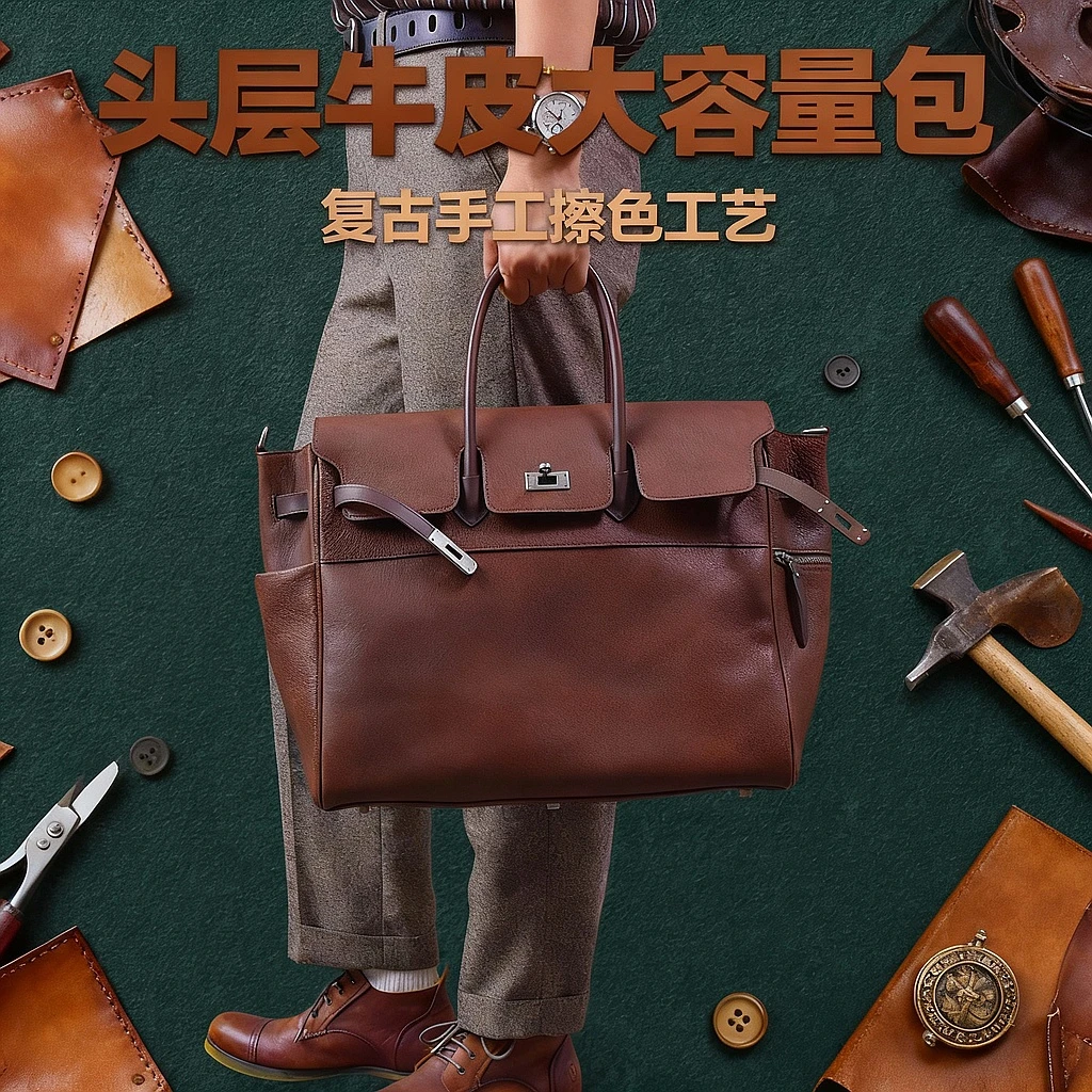 二十四街  复古植鞣牛皮潮流男士包真皮手工擦色小众大号手提包