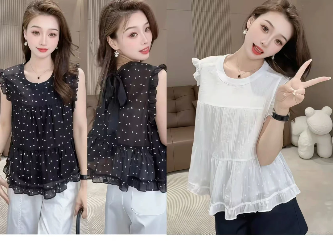 L L琳大码木耳边碎花衬衫无袖背心绑带设计感小衫雪纺上衣女8651