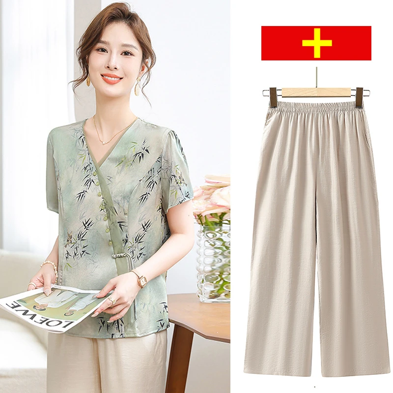 新中式国风妈妈装竹子短袖上衣小衫夏季新款气质洋气套装休闲百搭