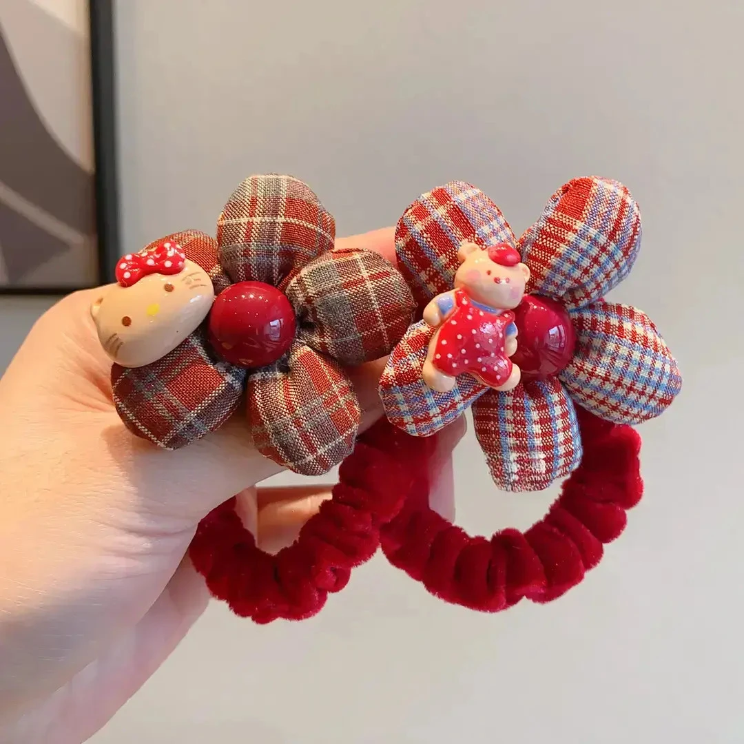 红色格纹花朵发圈儿童秋冬植绒扎发绳可爱卡通丸子头皮筋女盘发器