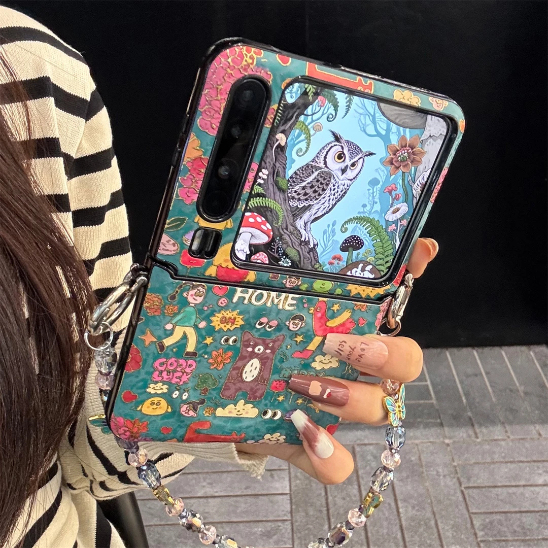 适用华为purax折叠屏手机壳卡通小动物派对pocket2绿色花朵小熊女