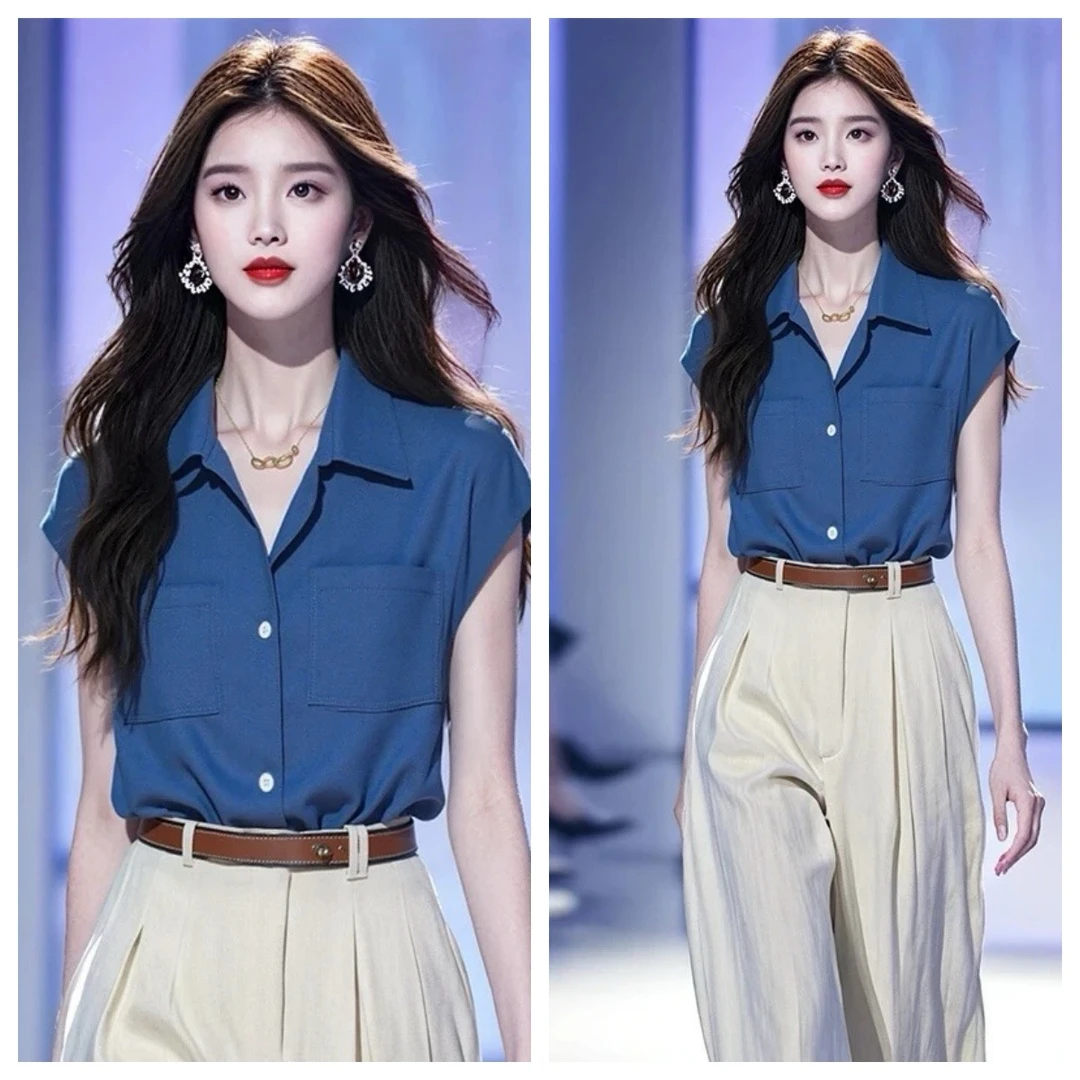 商场同款新款2025夏季时尚通勤蓝色翻领衬衫职业通勤舒适套装
