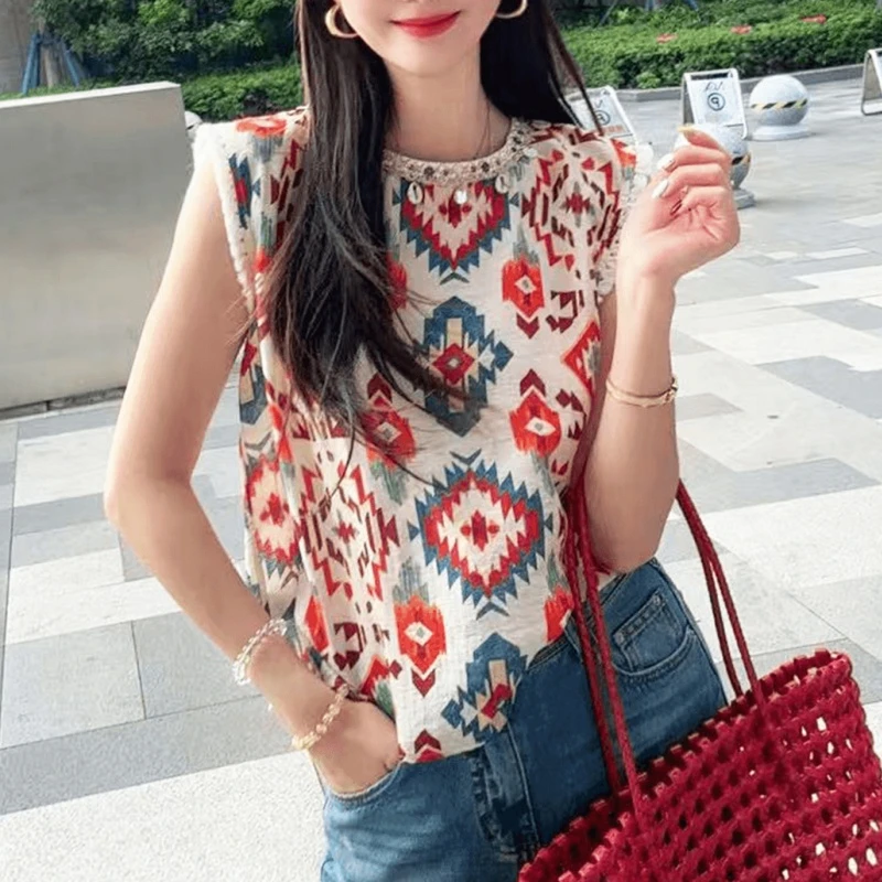 民族风无袖背心衬衫女2025新款爆款夏季轻奢高级感减龄洋气上衣女