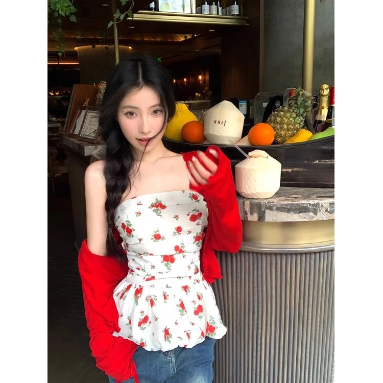甜辣妹碎花露背抹胸背心女夏季修身收腰无袖外穿短款内搭绝美上衣