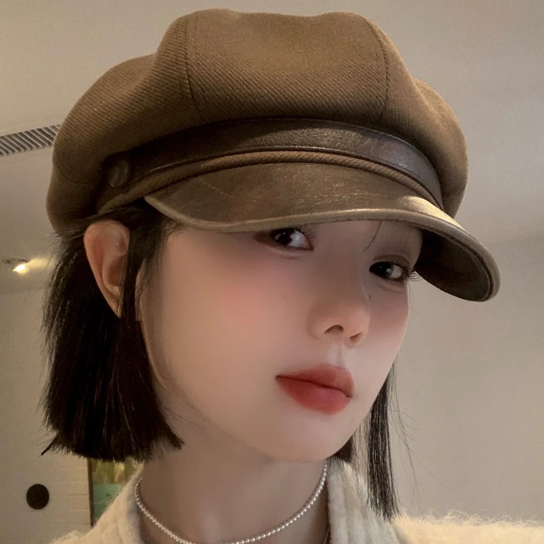美拉德棕色复古贝雷帽女2025新款秋冬显脸小八角帽子大头围报童帽