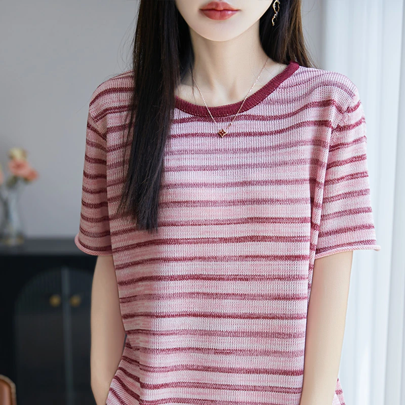 珍珠麻拼色条纹圆领短袖清新减龄女宽松休闲百搭清新宽松卷边T恤