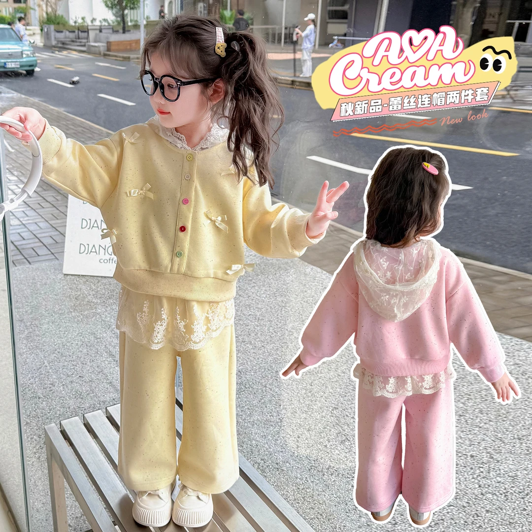 女童蕾丝帽彩点休闲套装秋季2025新款女宝宝蝴蝶结外套秋装两件套