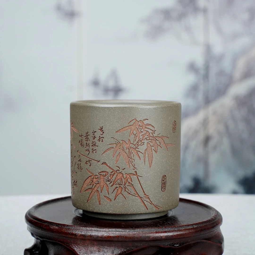 宜兴紫砂/竹节直桶/主人杯  150cc  蟹壳青