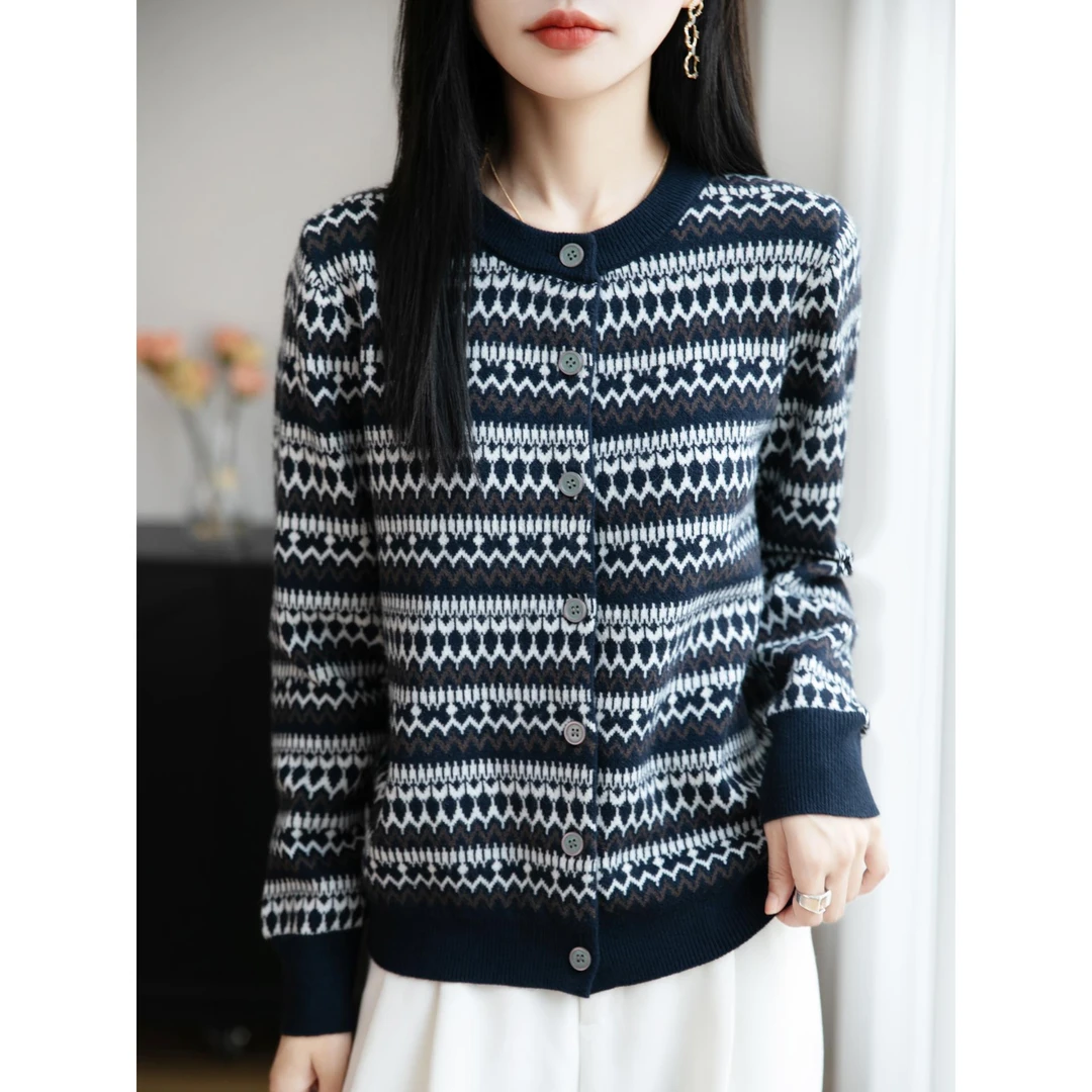 覆古提花针织开衫女2025新款秋冬季宽松显瘦毛衣外套圆领长袖上衣