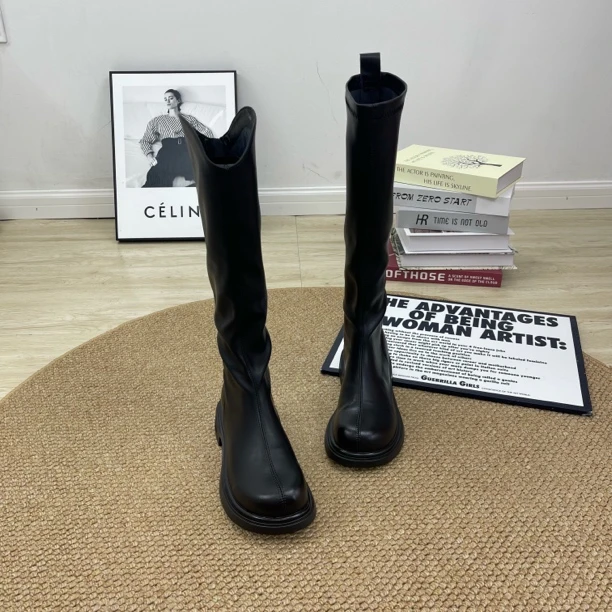 薄底显瘦过膝长筒骑士靴女2025年冬季高筒靴V口平口长靴