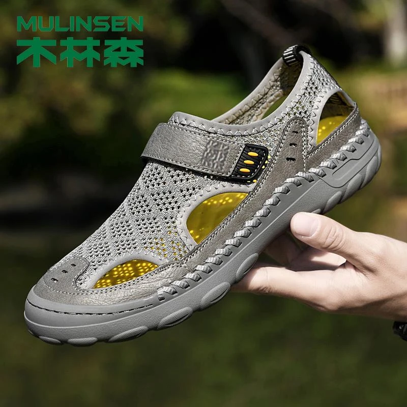 木林森2025年秋季新款男士网面鞋透气洞洞鞋软底男休闲运动皮凉鞋