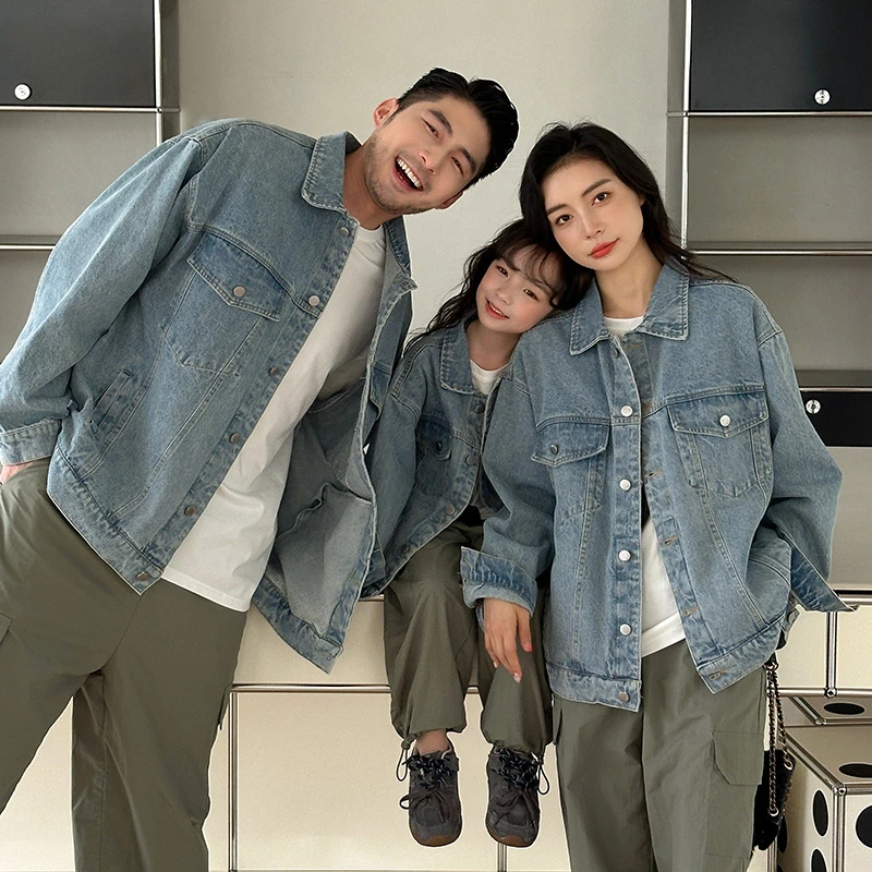 外套亲子装一家三口母女牛仔衬衣母子装复古春秋儿童上衣潮流夹克