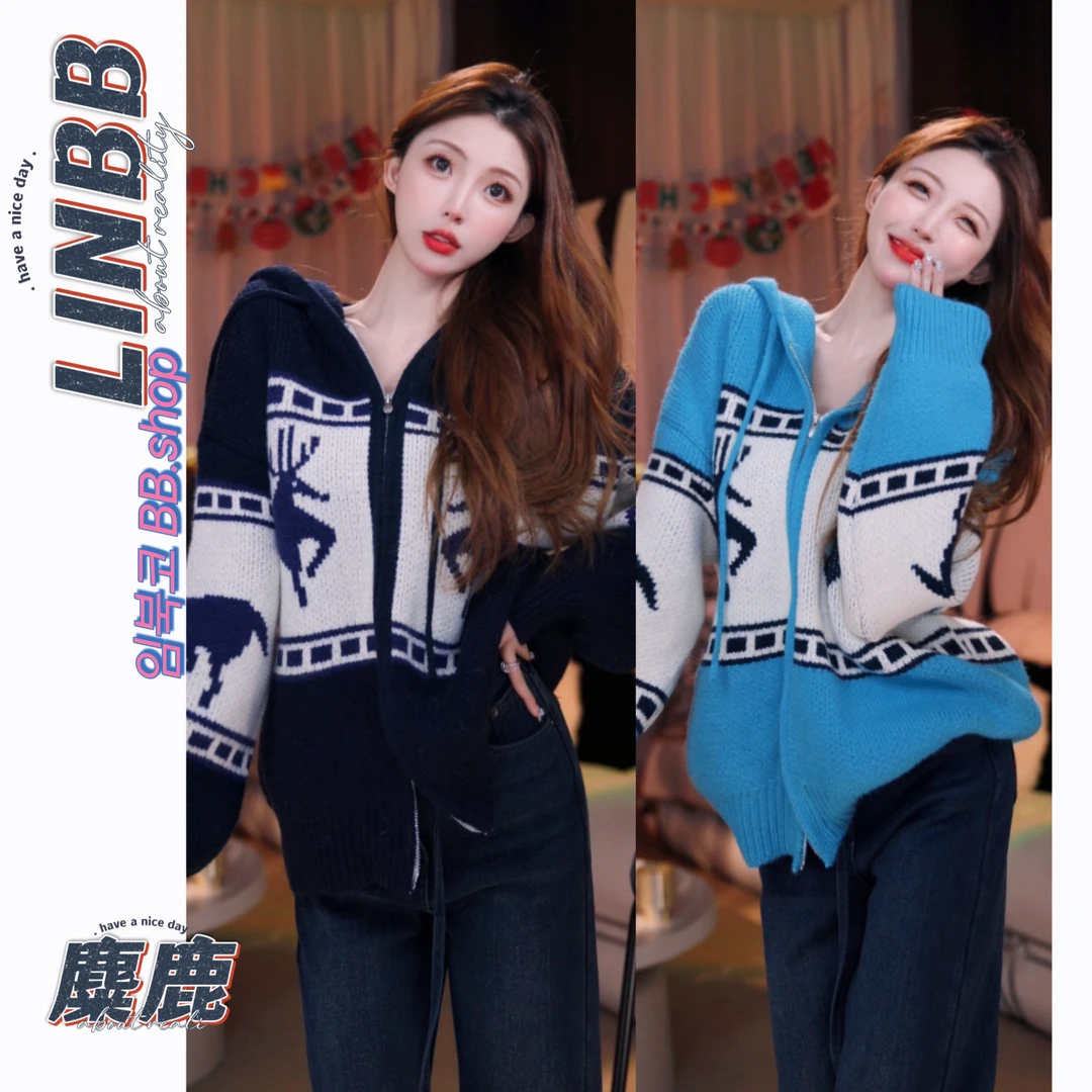 【麋鹿】林北鼻-保暖连帽开衫款中长款毛衣时尚情侣秋冬撞色