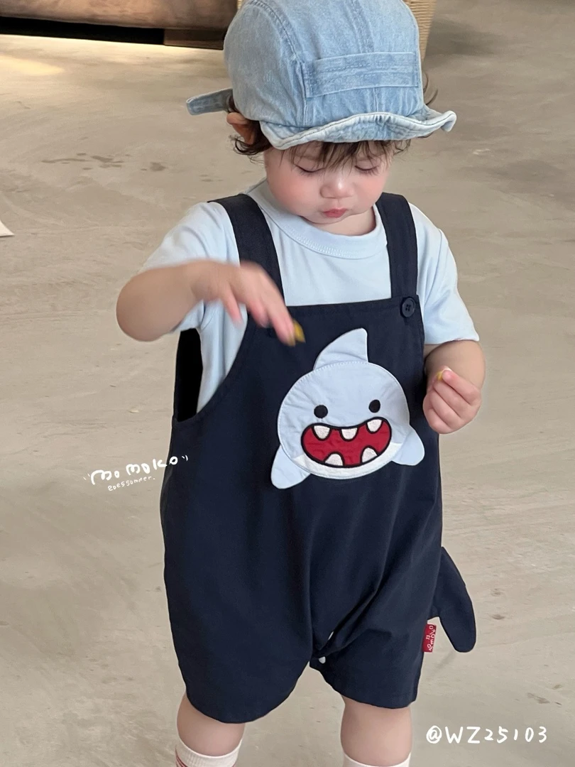 丸纸小鲨鱼背带短爬两件套