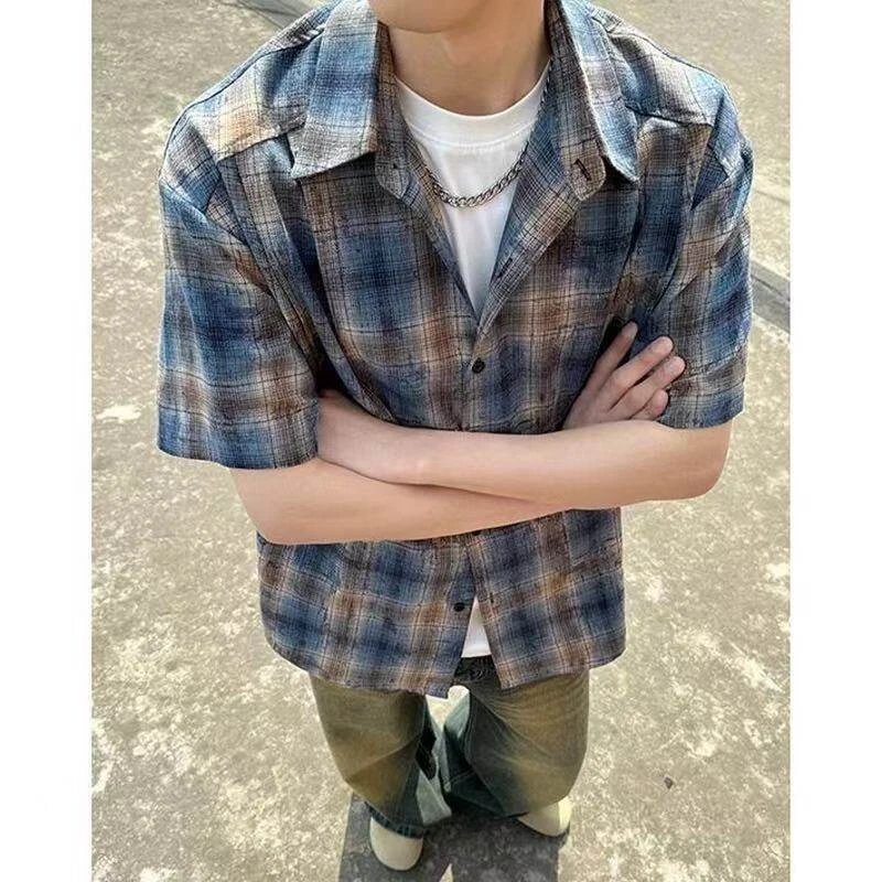 夏季薄款格子短袖衬衫男女港风宽松百搭休闲大码痞帅衬衣潮