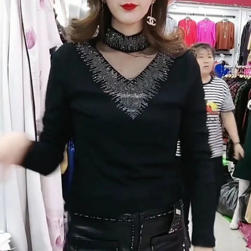 秋冬时尚显瘦百搭半高领烫钻长袖打底衫大码遮肚子减龄洋气上衣