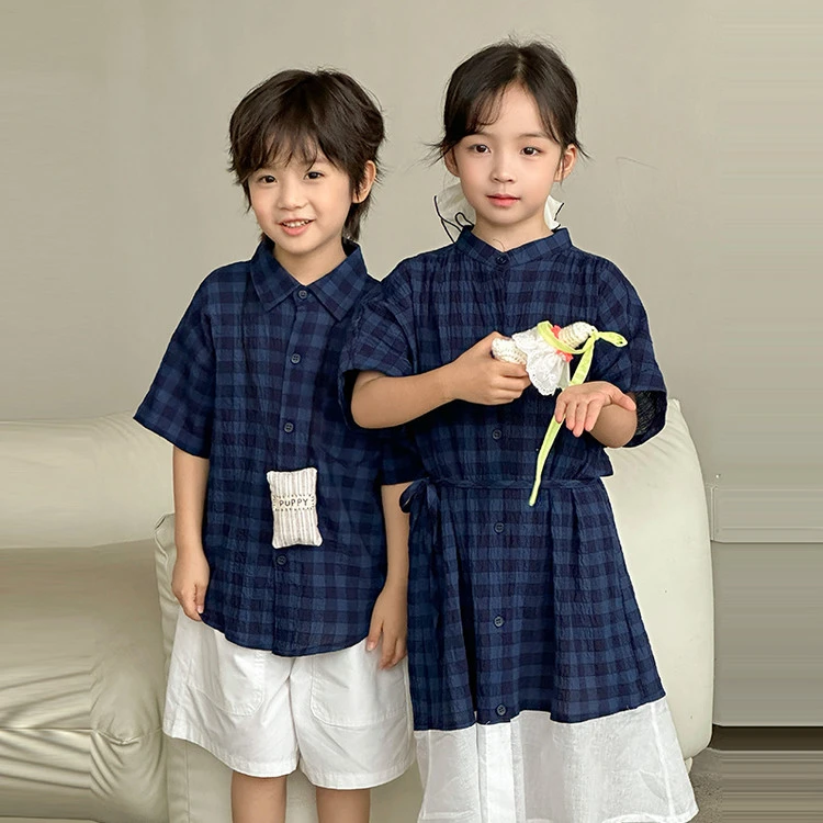 韩国儿童兄妹装2025夏季新款男童格子短袖衬衫女童洋气拼接连衣裙