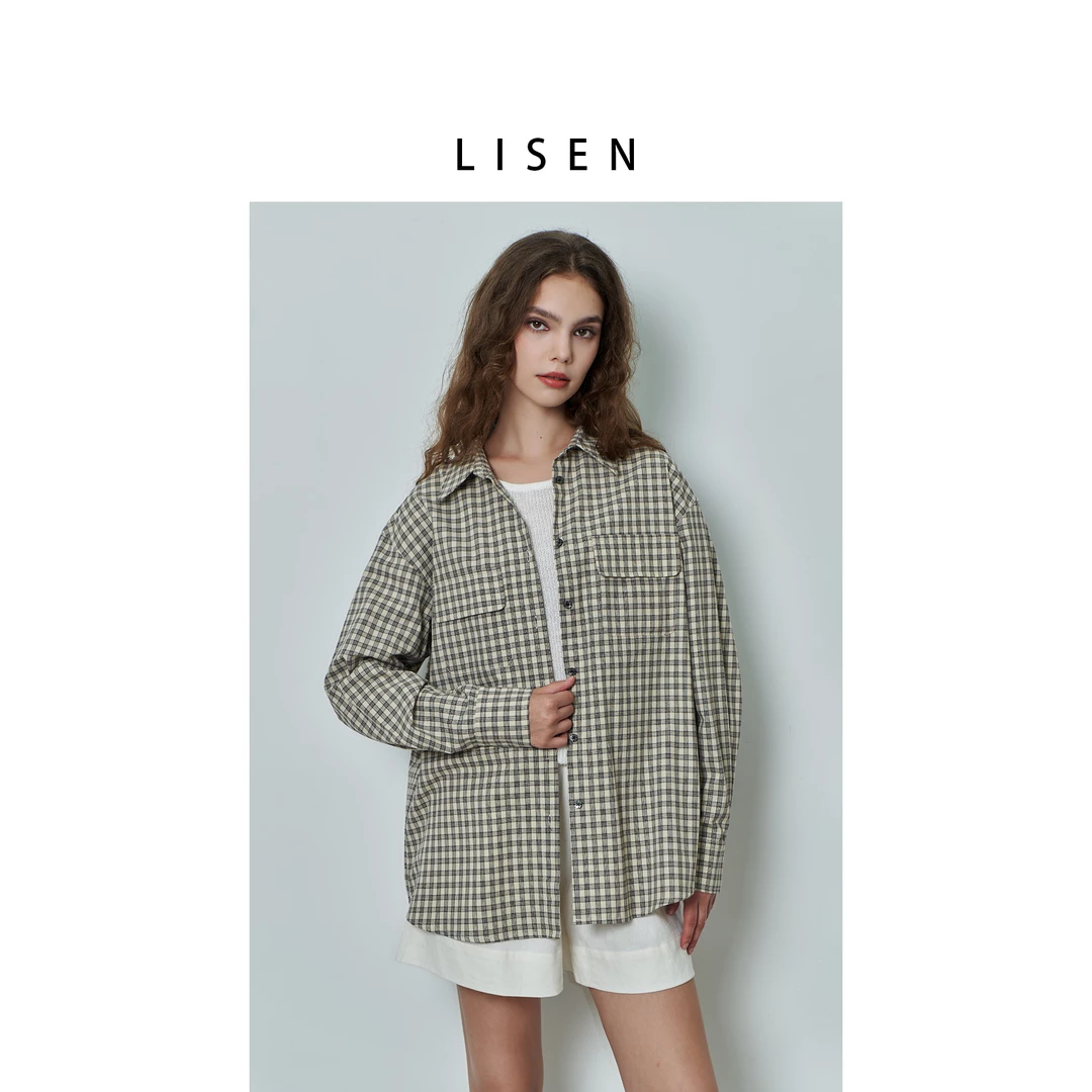 离森复古系千鸟格宽松格纹衬衫高智感纽扣长袖撞色防晒休闲外套