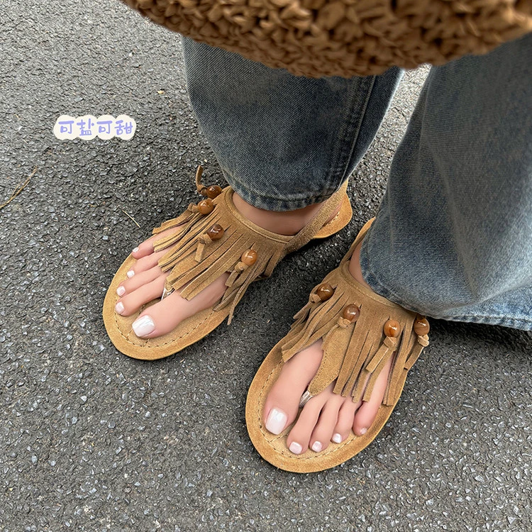 真皮流苏成都凉鞋女2025新款爆款平跟时尚外穿百搭鞋子夏季凉鞋女