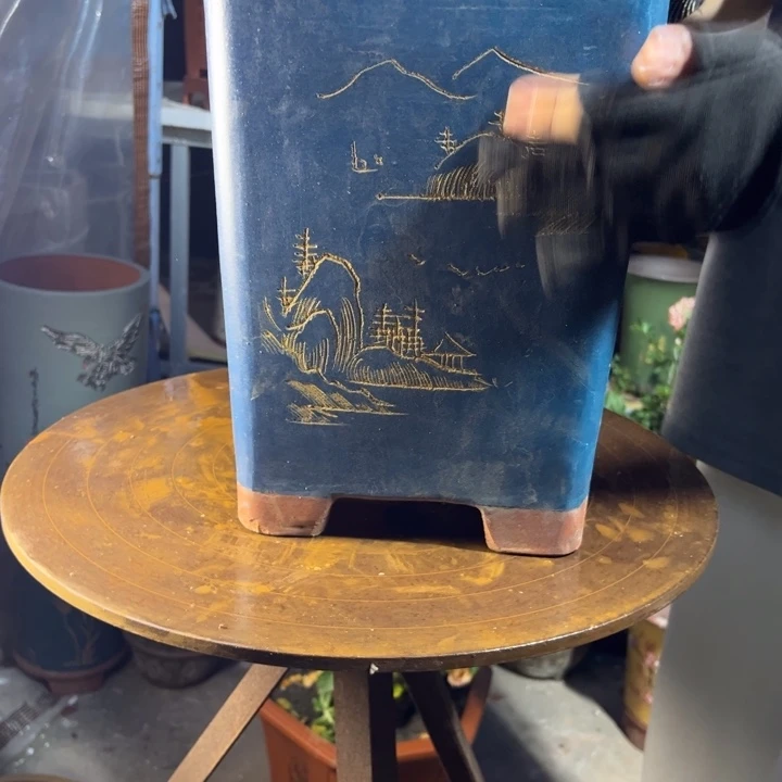 宜兴紫砂花盆23高蓝四方