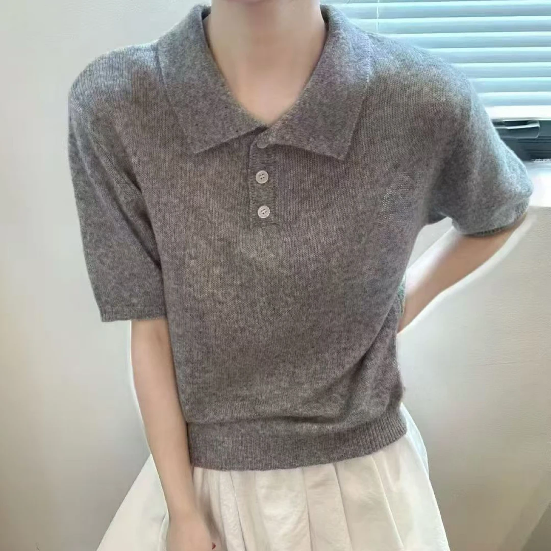 〔三粒扣翻领短袖～丝驼绒〕〔不可机洗〕韩范翻领三粒扣短袖针织衫