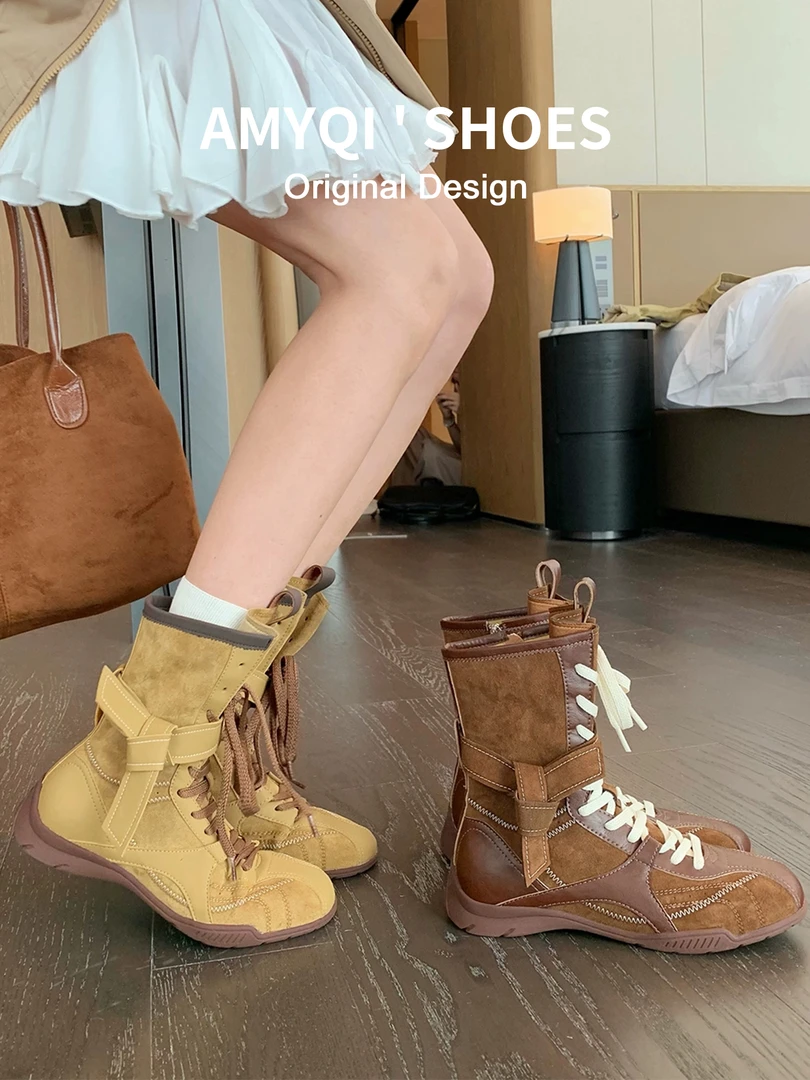 梦露优选复古拳击靴内增高马丁靴女2025新款小众西部风绑带短靴