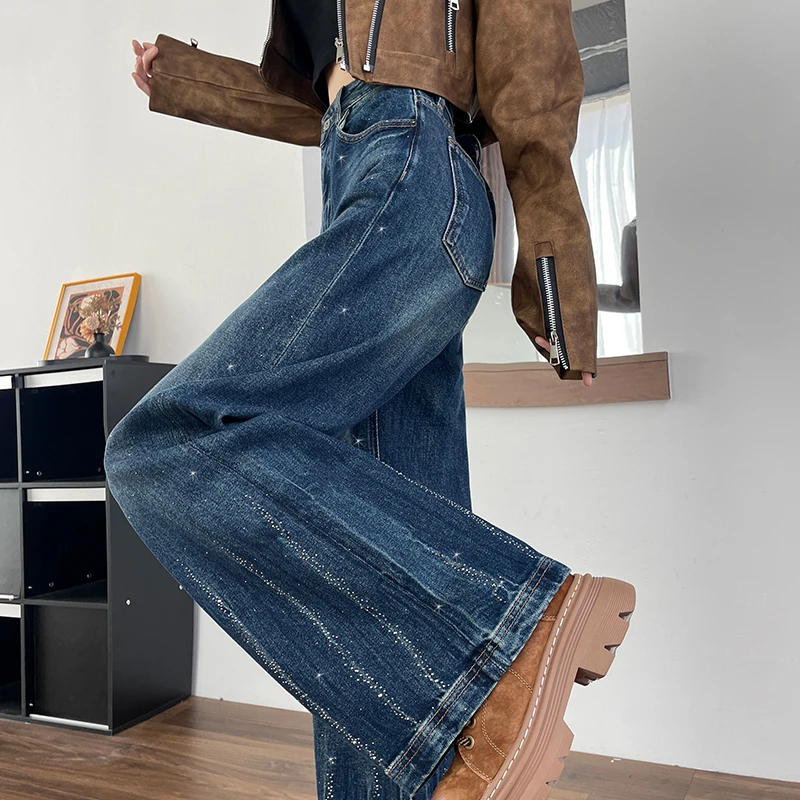 蜜蜜穿搭闪钻设计感阔腿牛仔裤女2025年秋冬新款宽松牛仔蓝拖地裤
