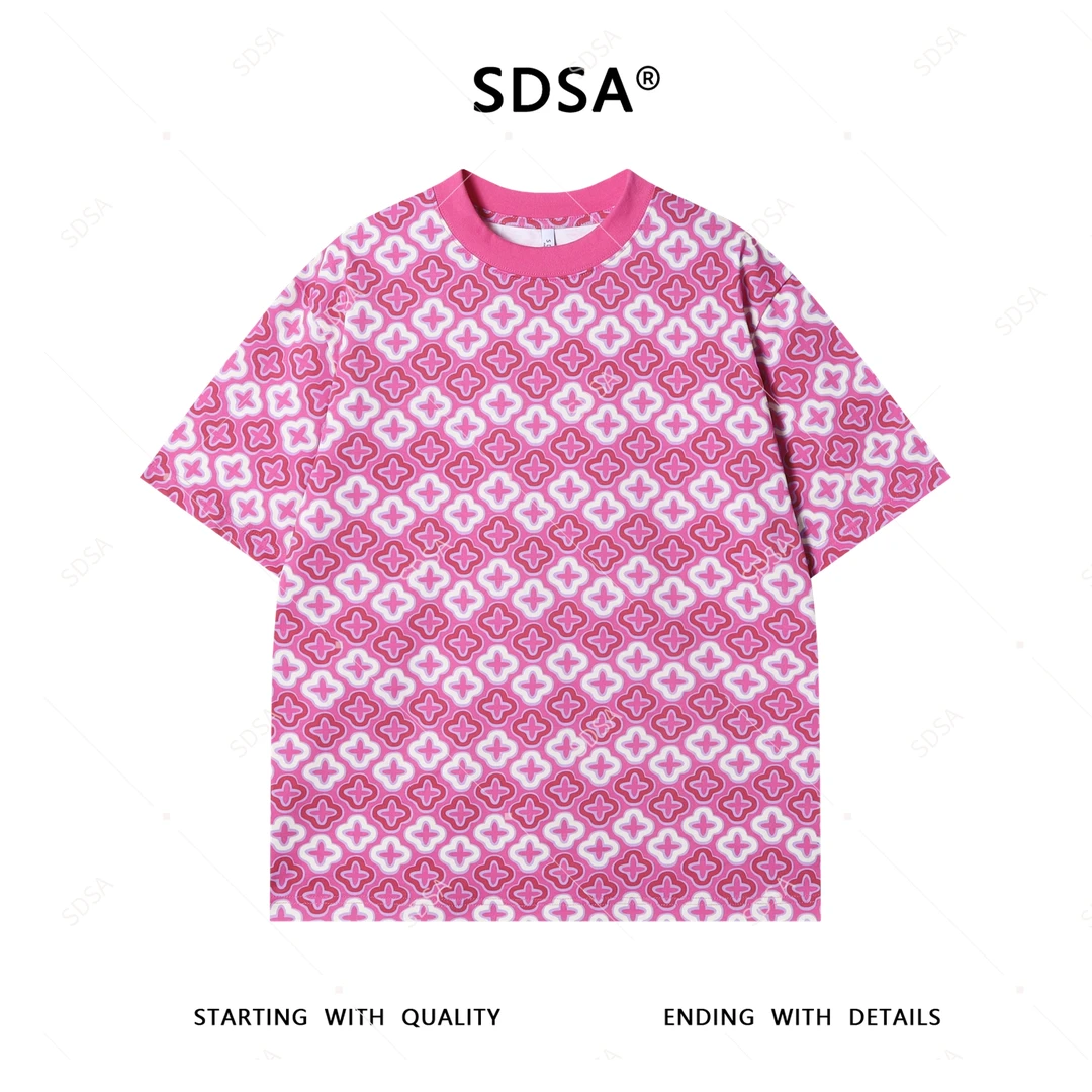 T4226夏季新款男士痞帅撞色四叶草图案短袖T恤时尚圆领百搭上衣潮