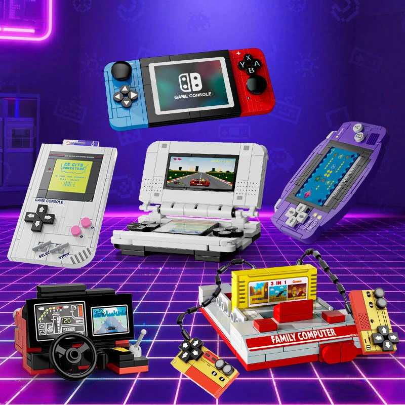 童年插卡翻盖双人竞速游戏机可拆式掌机娃娃推币机小颗粒拼装积木